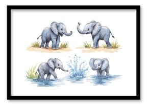 Charming illustrations of playful elephants in various poses, showcasing their beauty and grace in a natural setting.