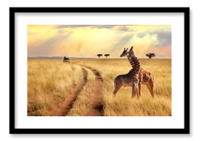 Group of giraffes in the Serengeti National Park on a sunset background with rays of sunlight. African safari.
