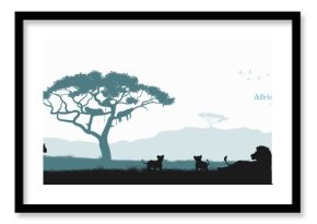 Black silhouette of lion pride. Landscape with wild african animals. Scene of savannah wildlife. Travel poster of Africa