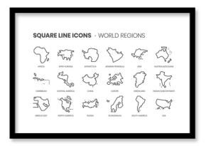 World Regions related, square line vector icon set for applications and website development. The icon set is pixelperfect with 64x64 grid. Crafted with precision and eye for quality.