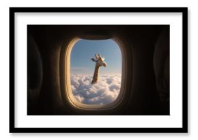 Surreal View of a Giraffe Above the Clouds from an Airplane Window