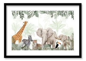 Playful Animal Kingdom Mural: African Wildlife & Tucan in Earthy Tropical Scene