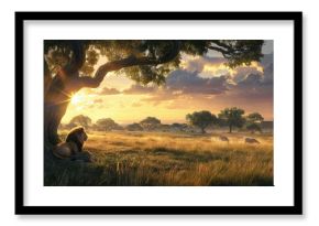 lion resting under tree in grassland, africa savanna safari sunset