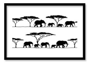 African Elephants in Savannah Landscape: Two Family Groups Under Acacia Trees