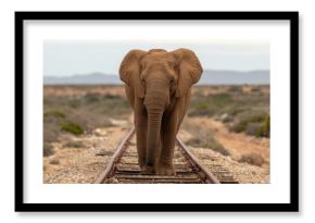 An elephant walks alone on a railway track through a dry, open landscape under a cloudy sky.