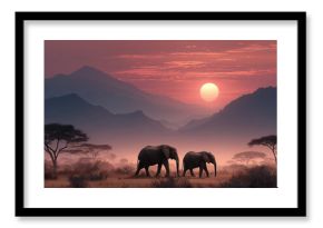 Elephants roam the savanna at sunset in a magical landscape