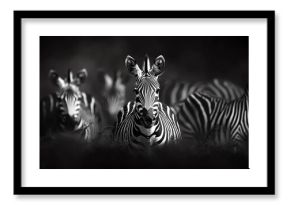 A group of zebras in striking black and white.
