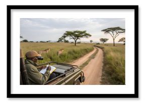Wildlife researcher observes lions in African savanna from safari vehicle, documenting findings