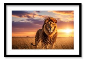Majestic Lion in Golden Light at Sunset,Lion Gazing Intently Across the Savannah at Dusk