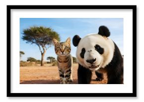 A panda and a cat pose for a photo on the African savannah