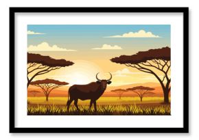 African Landscape with Bull Silhouette and Sunset in the Background