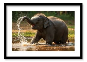 Playful Baby Elephant Splashing in Water