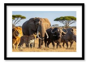 African Big Five animals together in savannah landscape with lion, leopard, elephant, buffalo and rhinoceros under acacia trees 