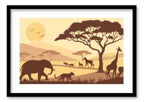 African safari wildlife animals silhouette at sunset. Savanna landscape with elephant, giraffe, zebra, cheetah, acacia tree. Vector.