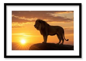 Majestic lion silhouetted against a vibrant sunset, surveying its domain from a rocky outcrop.