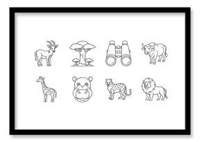 Safari animals and equipment line icons - Collection of line icons featuring safari-related elements, including a drum, antelope, acacia tree, binoculars, buffalo, elephant, flamingo, giraffe