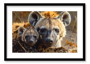 Hyena Mother and Cub: A Close-up Portrait in Natural Environment
