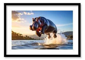 Hippo jumps out of water