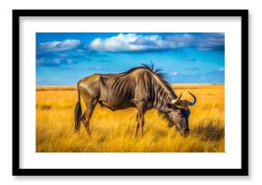 Majestic Wildbeest Grazing in the African Savannah Under a Bright Blue Sky - Nature's Wonder