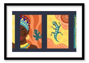 African art pattern. Africa ethnic poster. Tanzania tribal design. Woman dancing. Safari giraffe and iguana lizard. Abstract geometric folk. Native decoration fabric. Vector tidy tribe banners set