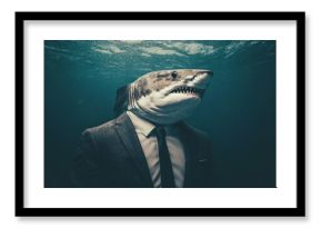 A man in a suit is wearing a shark's head