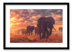 Majestic Elephant Herd Traversing Serene Savanna at Sunrise