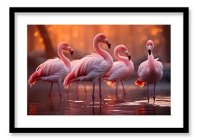 Four pink flamingos standing in a body of water