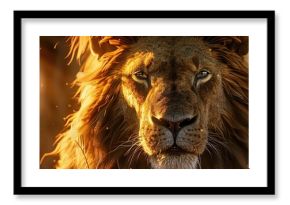 A captivating close up image featuring a majestic lion s face its golden fur glowing under the sunlight with space for text insertion. Copy space image. Place for adding text and design