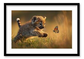 Playful cheetah cub chasing butterfly in golden light of african savannah