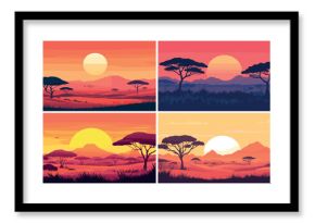 Abstract african savanna. Savannah sunset landscape with trees sun hills grass, minimalist wild safari travel set vector illustration