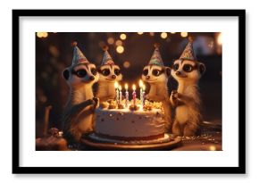 A Family of Meerkats Gathered Around a Birthday Cake