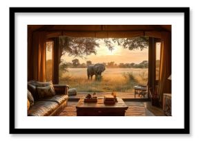 Elephant grazing at sunset viewed from luxury safari tent