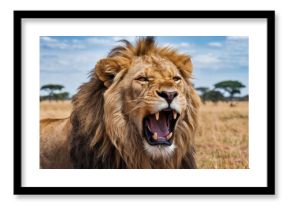 portrait of a lion animal theme in nature and sunset meaning leadership and power