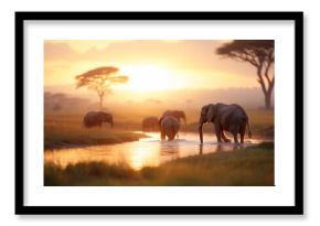 African elephants crossing a river at sunrise.