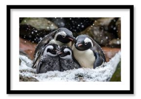 Penguins huddled together in snowy habitat.