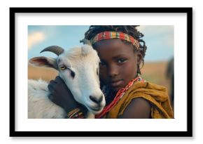African girl from Dasanesh tribe holding goat in village.
