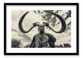 Mursi warrior with traditional horns in Ethiopias Omo Valley.