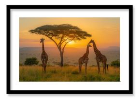 Tall beautiful giraffe walking in African savannah at sunset. Saving giraffes in the wild in savannah.