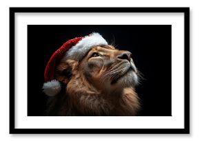Majestic Lion in Santa Hat: A Christmas Portrait