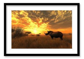 Rhino Standing in a Field with Dramatic Sunset Sky, A Majestic Wildlife Scene