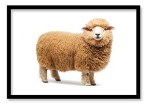 Woolly sheep with soft, fluffy fur standing still, isolated on a white background.