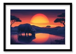 Buffalo is drinking from a river in a savanna