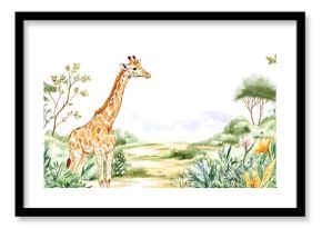 Watercolor painting of a giraffe standing in an african landscape