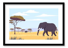 Elephants in Africa. Beautiful African landscape with elephants in the wild. Elephants safri. Travel on a wild safari. Vector panoramic natural landscape.