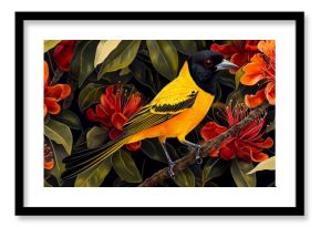 The black-hooded yellow oriole perched on the branch of an fever tree