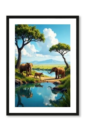 Safari animals gathered around a water's edge, animal friends, savannah, africa