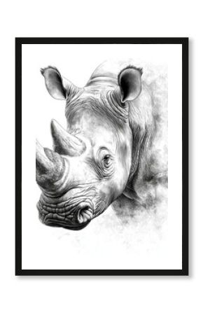 Monochromatic sketch of a rhinoceros head and shoulders, detailed texture and subtle shading, against a light gray background. 