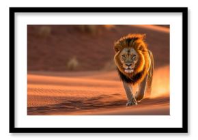 Majestic Lion Walking Across Desert Dunes at Sunrise