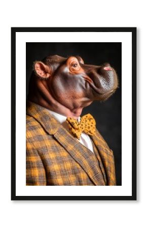 Dapper Hippopotamus in Retro Suit, Anthropomorphic Portrait Against a Dark Background.