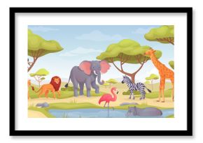 Savanna animals landscape. Tropical african animal on grassland savannah, jungle fauna panoramic scene at pond wild africa or zoo safari